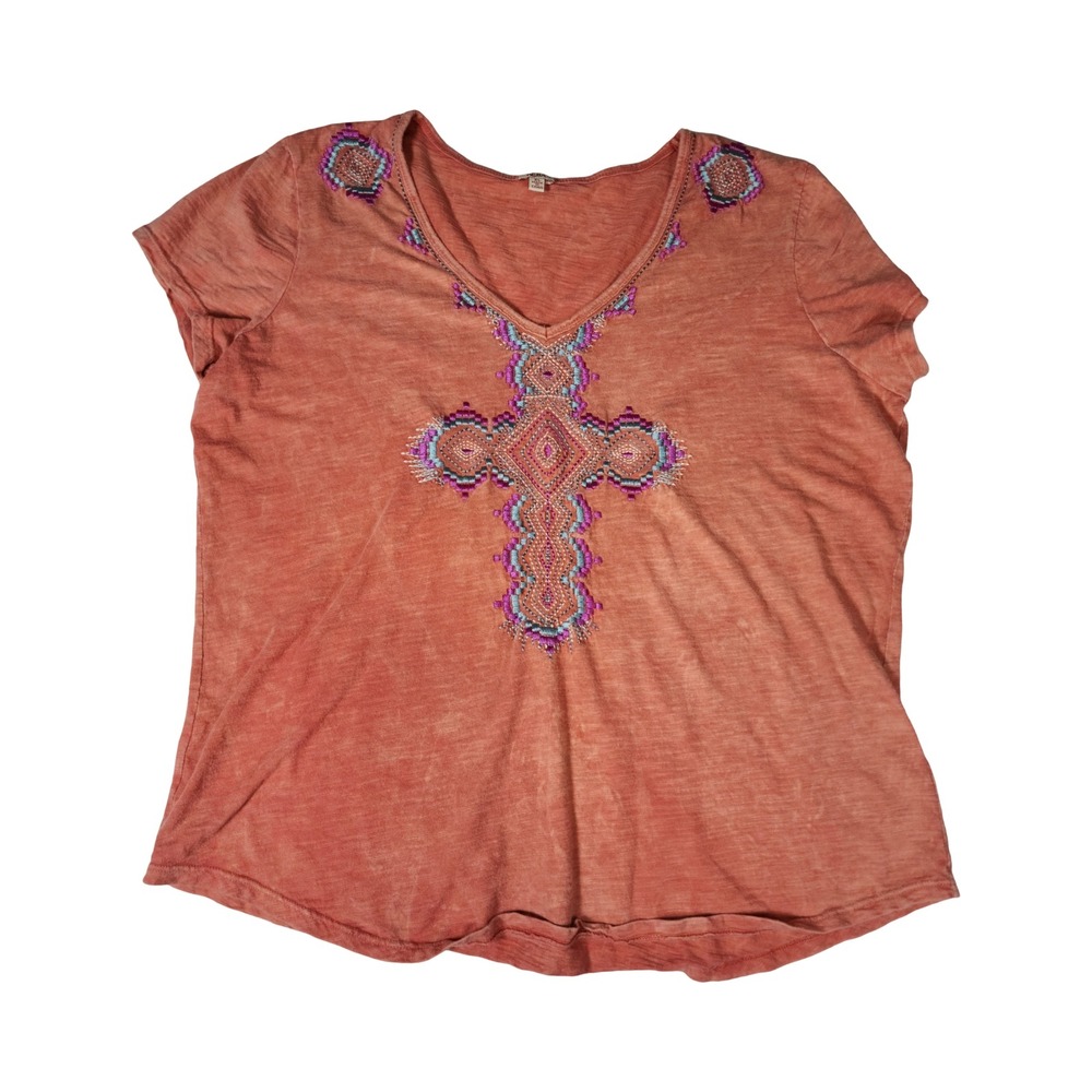 REBA Womens XL Terracotta Orange Embroidered Cross V-Neck Cotton Slub Tee Shirt